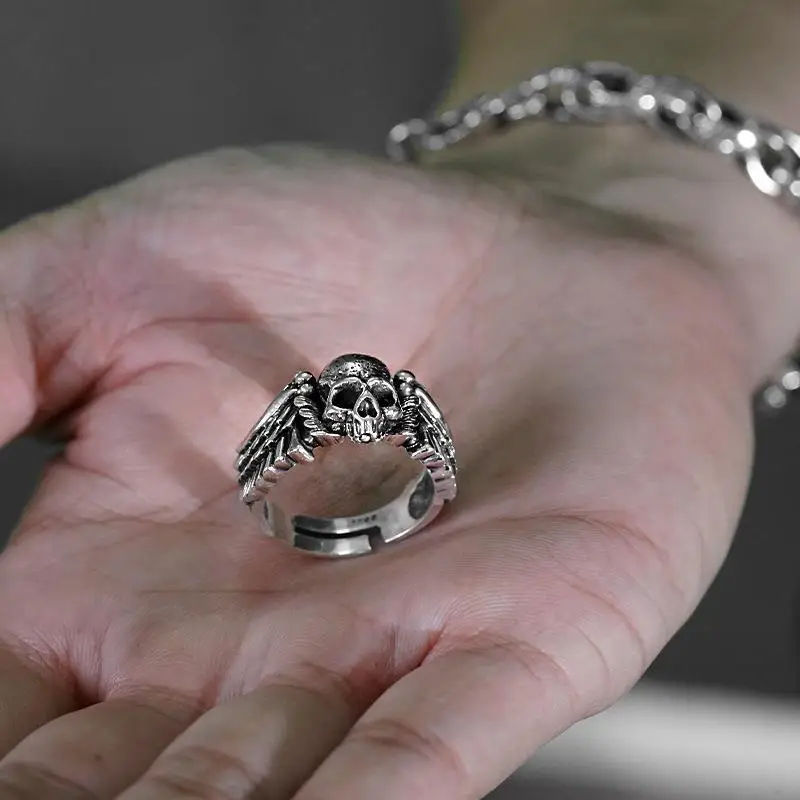 1pcs Trendy Vintage Punk Style Rings for Men Hip-hop Personality Wings Skull Open Rings Party Decor
