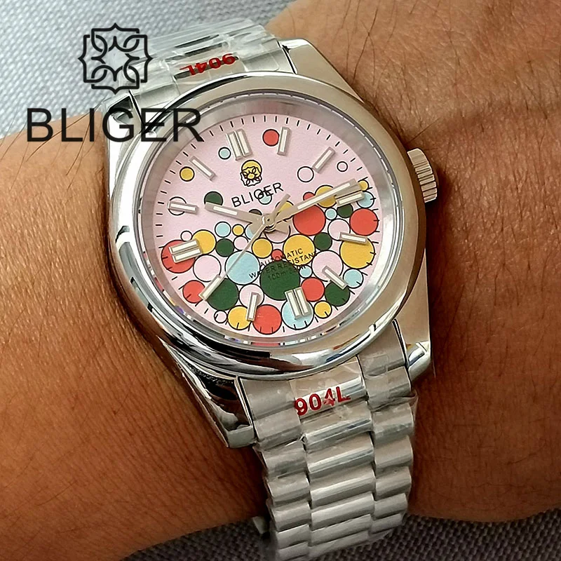 

BLIGER New Silver 36mm/39mm Men Watch 24 Jewels NH35A Movement Pink Sky Blue Dial Hidden Lock Clasp Sapphire