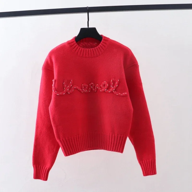 Autumn Winter New Pullover Sweater Women Design Sense Letter Knitted Beaded Round Neck Short Simple Female Knitted Top