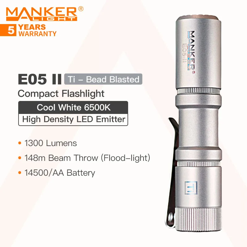 led lanterna de alta densidade ti bead blasted versao cool white 6500k compact edc emissor 1300 lumens manker e05 ii 01