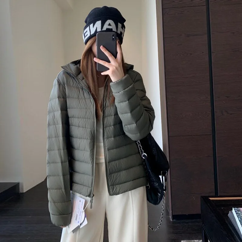 Winter Lightweight Pork Ribs Hooded Down Jacket Women White Duck Down Double Zipper Outwears Female Warm Slim Parker Jacket
