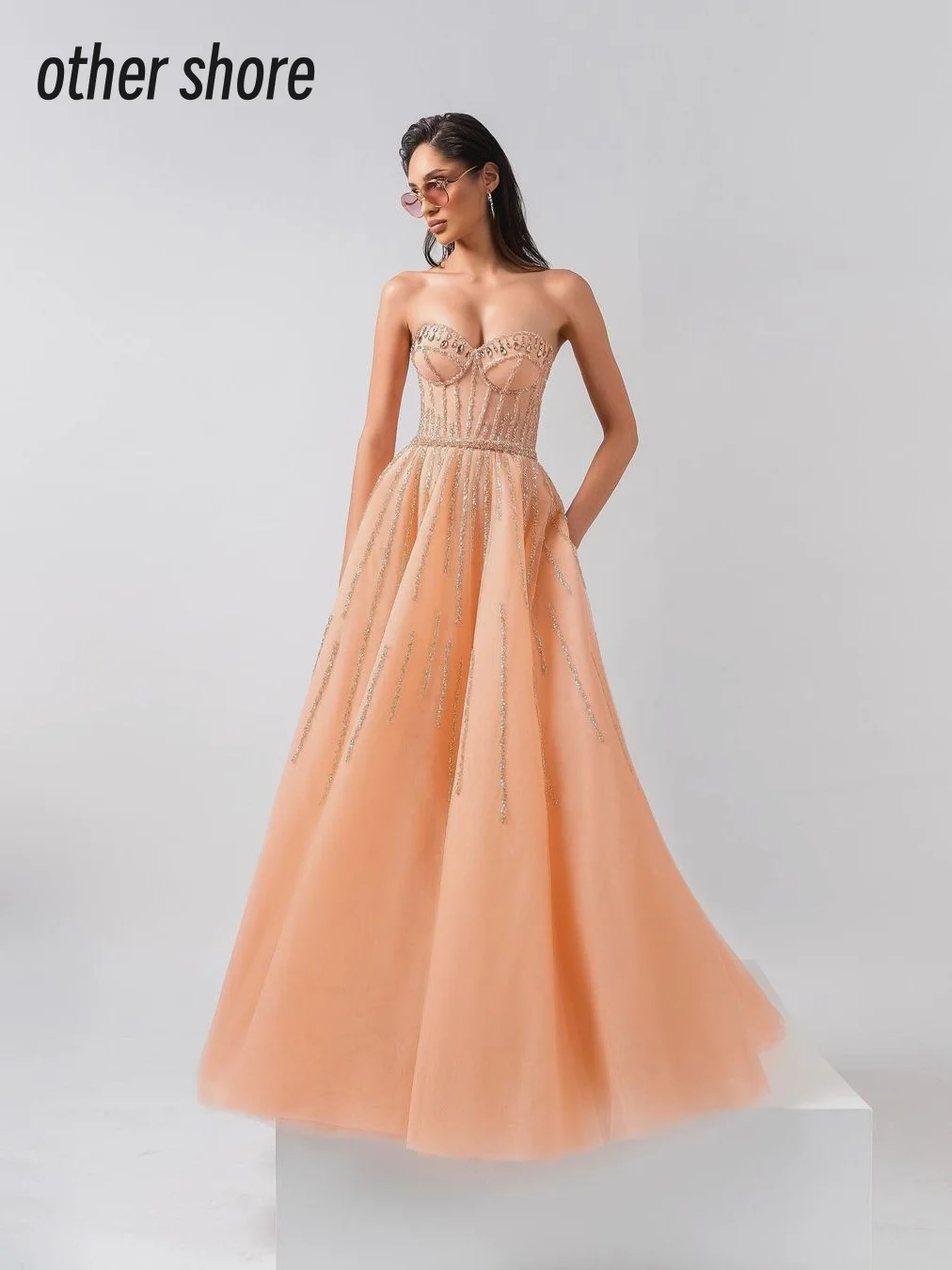 Other Shore Elegant Vintage Sexy Sweet Crystal Beading Orange Strapless Customize Formal Occasion Prom Dress Evening Party Gowns