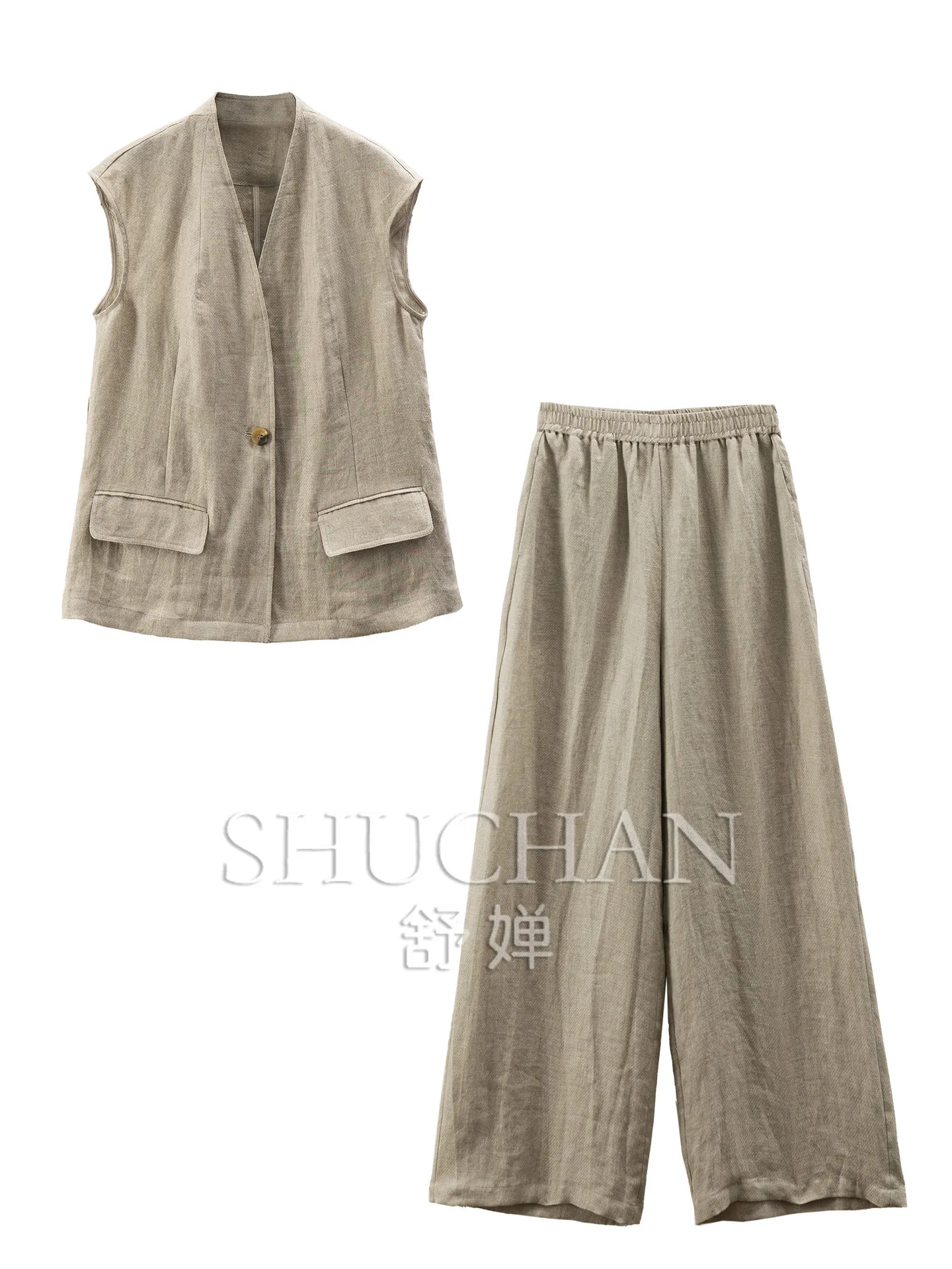 Old Money Linen Set Summer V-neck Vest Jacket + Elastic Waist Wide-leg Trousers Women 09X1