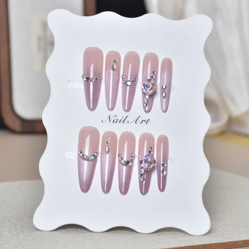 10 قطع من أظافر صناعية طويلة جداً بلون عين القطة الأرجواني مع أحجار الراين، أظافر كورية للنساء مع علبة وأدوات