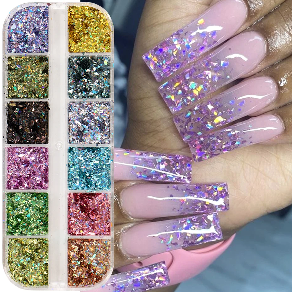 12Grids Holografische Iriserende Nagel Glitter Pailletten Sparkly Laser Onregelmatige Glazen Vlokken Nail Art Diamond Dust Y2K Zeemeermin Decor