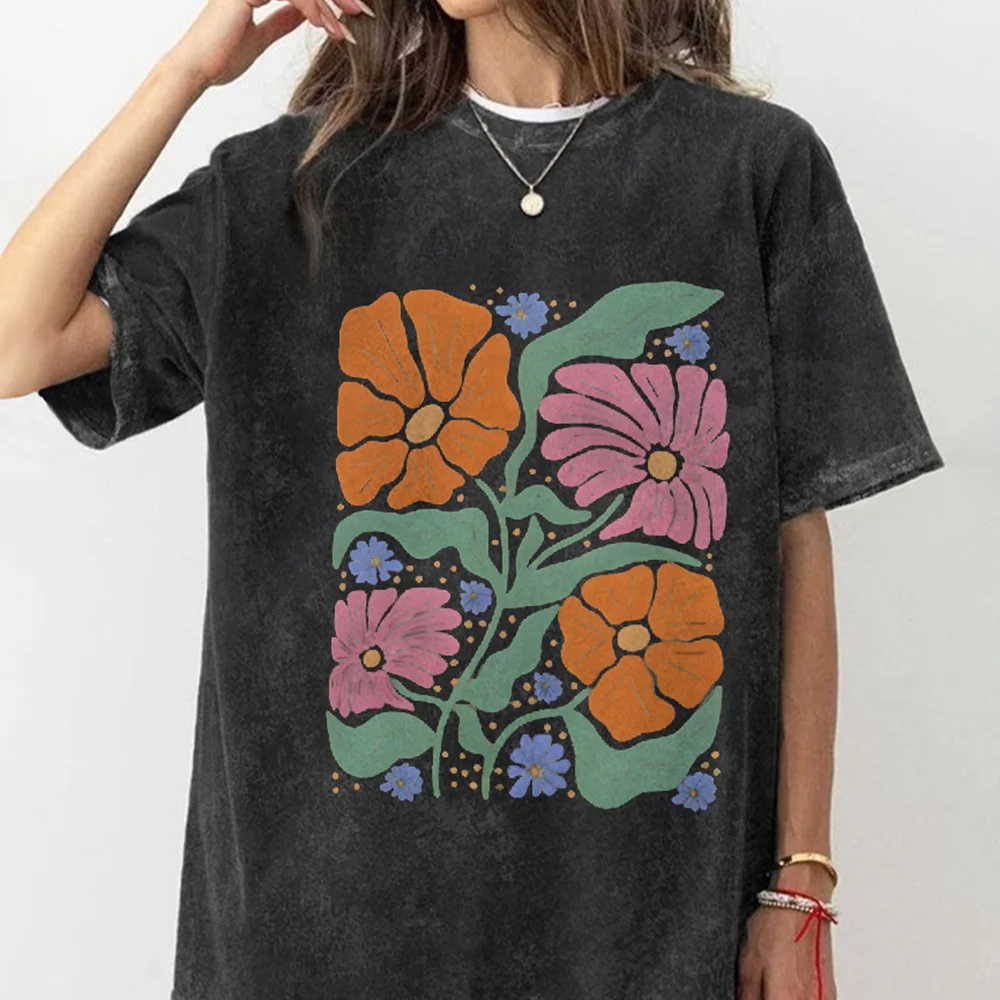 

Colorful Hand Painted Flower Print Women's T-Shirt Loose Wash Fashion Short Sleeve 2024 Summer Hot Sale High Quality Cotton Top