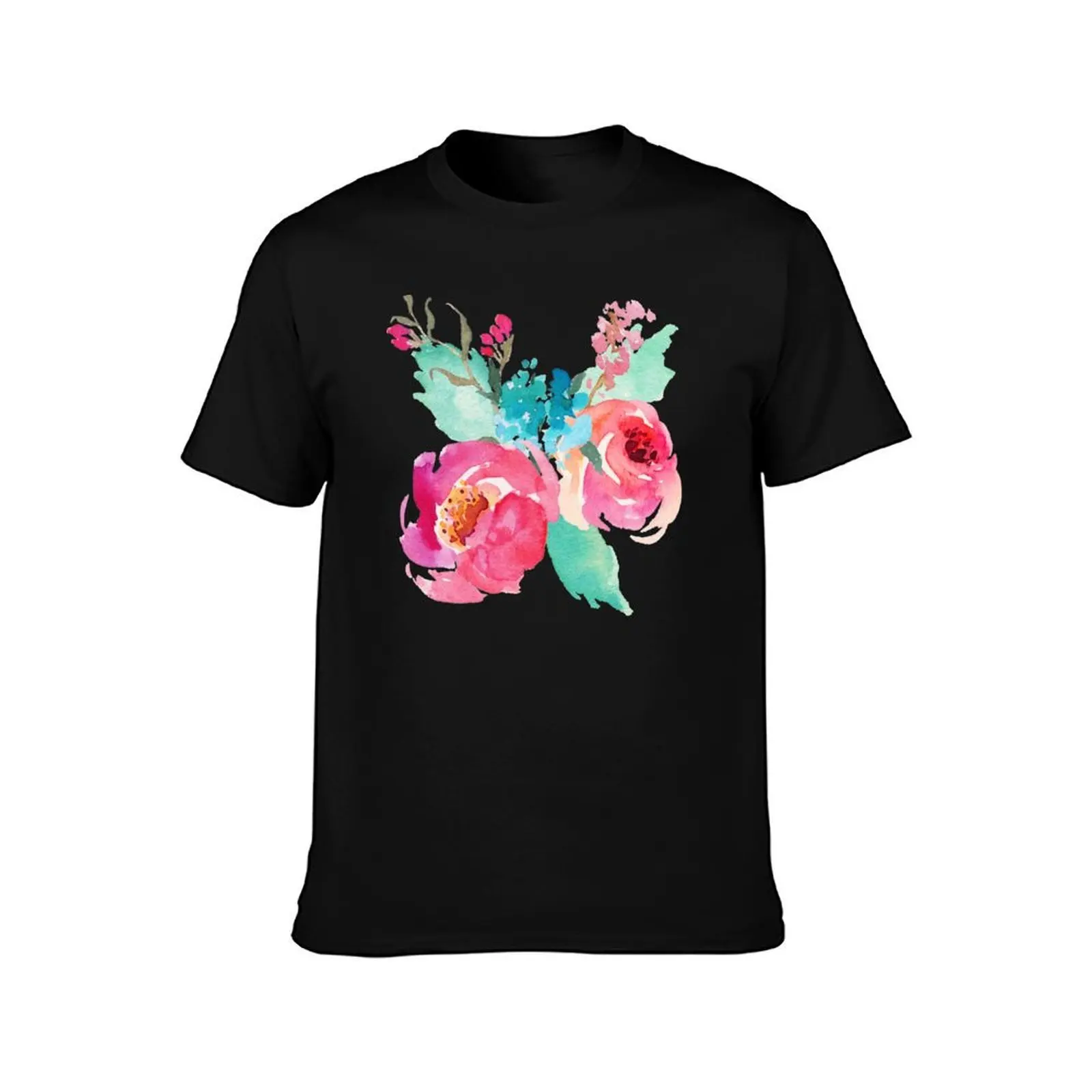 Watercolor Colorful Pink Coral Turquoise Flowers T-Shirt Casual Fashion Print Tee Top T-Shirt