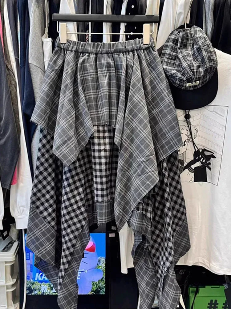 

Plaid Asymmetrical Mid-Length A-Line Skirt Women's Autumn Winter Layering Bottom Hem Curtain Butt Covering Skirts
