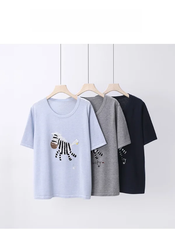 

plus Size Sweet Bean Zebra Short Sleeve Knitted Top Casual Style Loose Fit Spring Summer Women's Fashion plus Size Knitwear