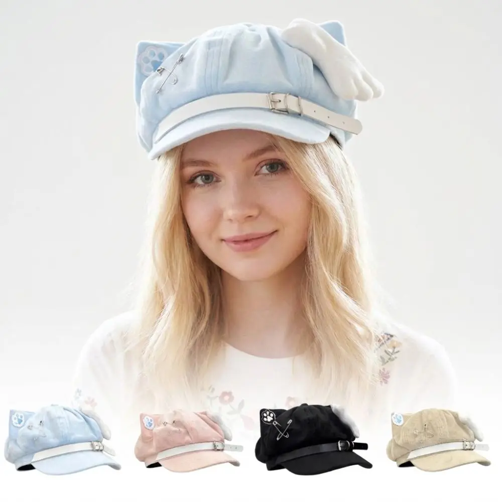 Popular Cat Ears Women's Beret Anime Japanese Style Newsboy Cap Sweet Cat Paw Pattern Baseball Cap Everyday Outfits