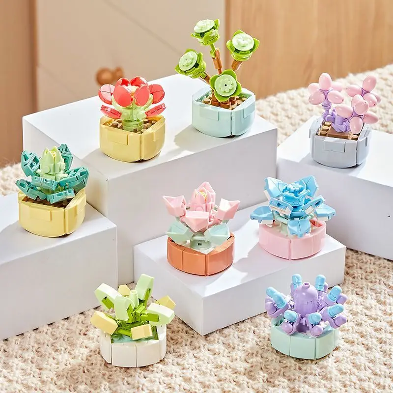 Succulent potted plant ornaments children\'s building blocks potted flowers DIY small particle flower arrangements dried flowers