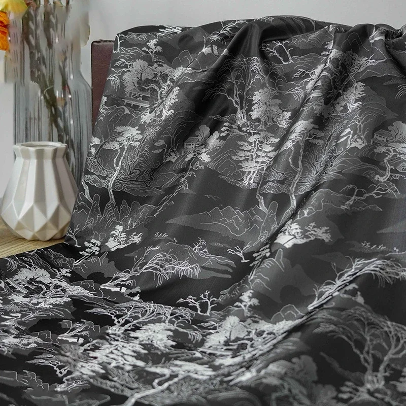 Chinese Style Black Gray Mountain Pattern Yarn Dyed Jacquard Fabric Antique Dress Cheongsam Diy Sewing Fabric