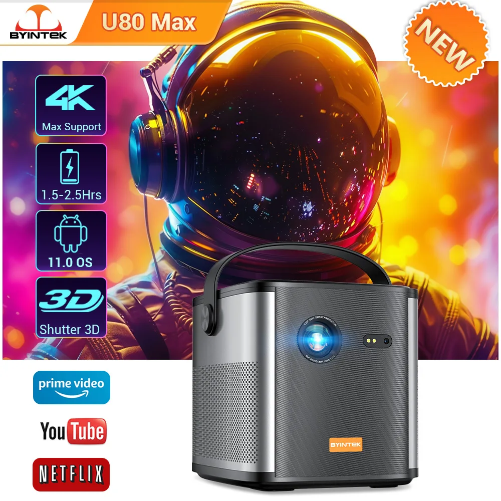 BYINTEK U80 Max Projector 3D 4K Cinema  Android 11.0 WiFi Mini Portable 1080P Home Theater Video DLP Projector with Battery