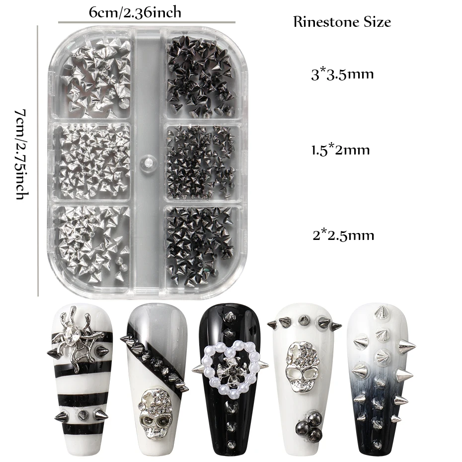 6 compartimentos de tachuelas metálicas punk para uñas, color dorado/plata/negro, conos y púas, joyas de arte de uñas, tachuelas mini de aleación 3
