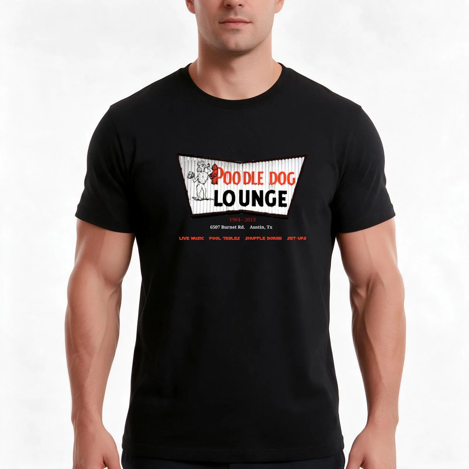 Poodle Dog Lounge - Austin, TX 1964-2013 T-Shirt, Summer Casual Cotton Tee, Oversized Streetwear Tops, Vintage Graphic Print