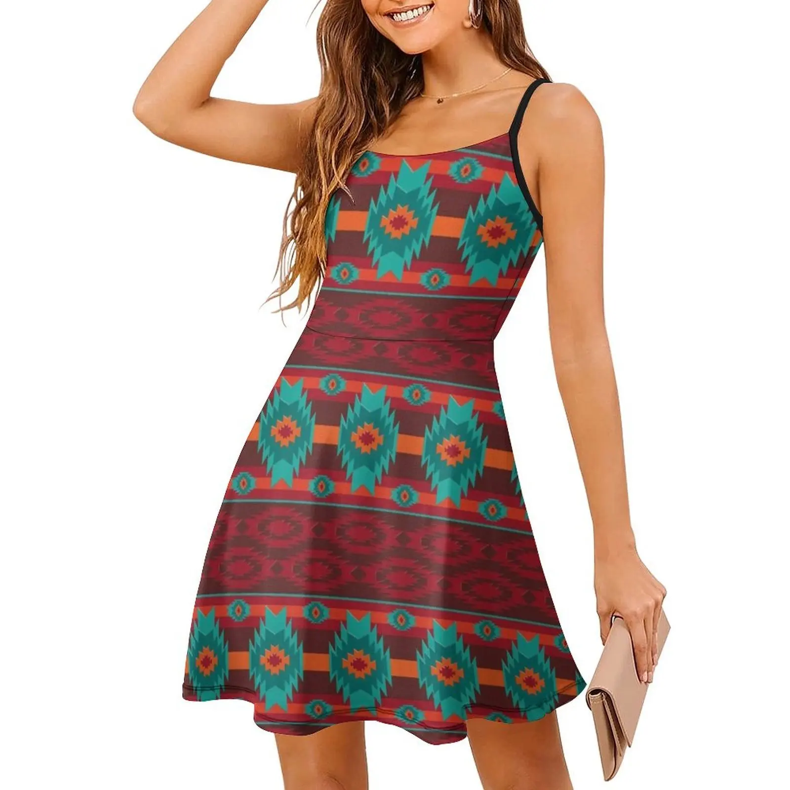 Mini abito stile preppy con motivo geometrico etnico sudoccidentale per donna Abito da giorno casual a taglio ampio a trapezio sudoccidentale