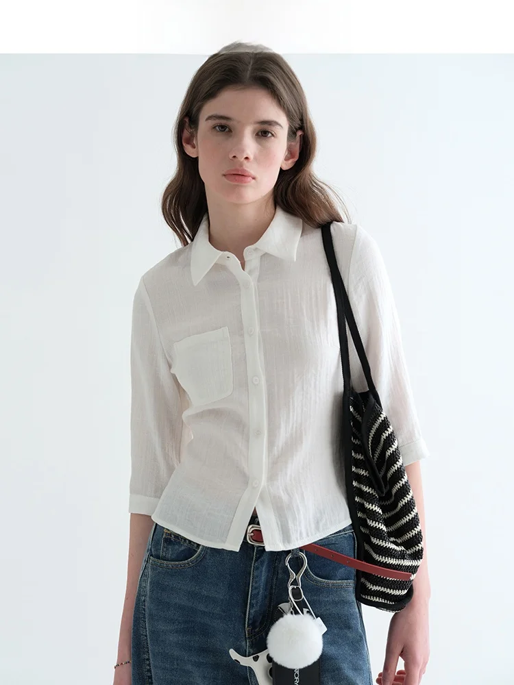 

Elegant White Linen Shirt Women's Slim Fit Midi Sleeve Waist-Cinching Shirt Jiujiu Brand Spring 2026 Collection