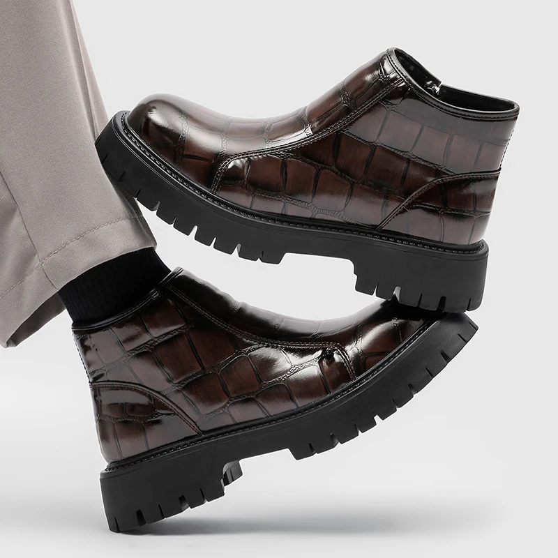 Men Glossy Leather Square Toe Slip on Ankle Boots Thick Lug Platform Sole Wear Resistant Autumn Winter Street FashionCasualShoes view 5