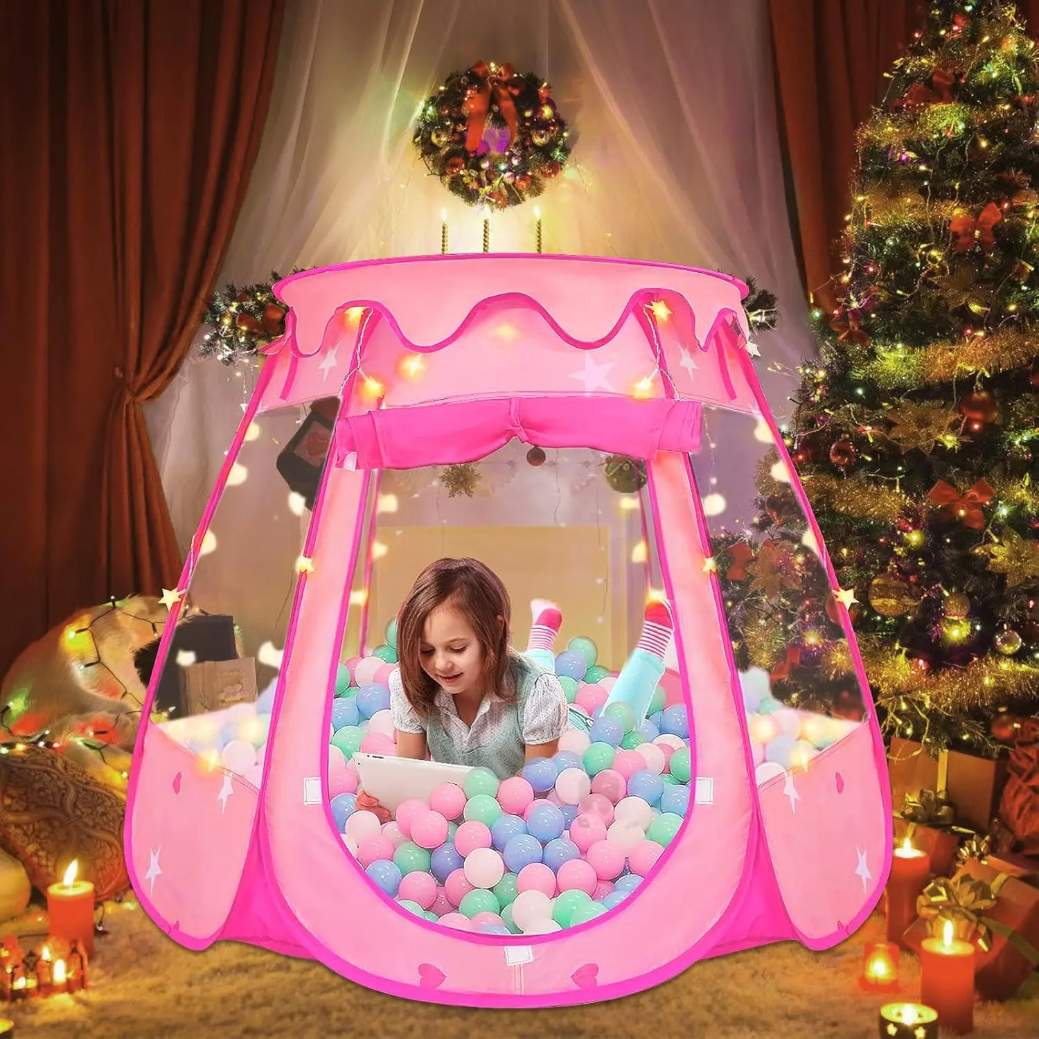 Tente princesse pop-up avec 50 boules, fosse à balles avec lumières étoiles, cadeau d'anniversaire pour fille de 1 2 3 ans, jouets de princesse pour tout-petits wi