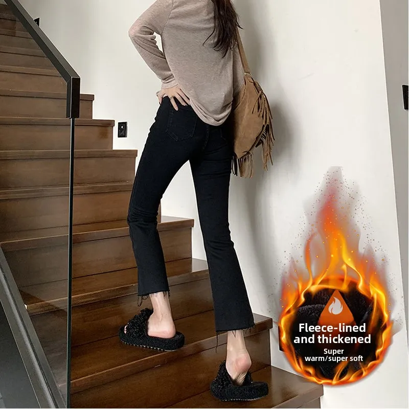 

High Waist Flared Jeans Women's Korean Style Slimming Warm Small Size 150 Fleece Lined Bootcut Pants Winter Cotton Stretch Denim