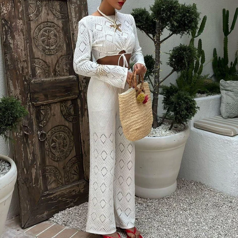 

Elegant O-neck Long Sleeve & Beach Pants Sets Women Fashion Hollow Out Knitted Two Piece Suit Sexy Embroidery Solid Long Outfits