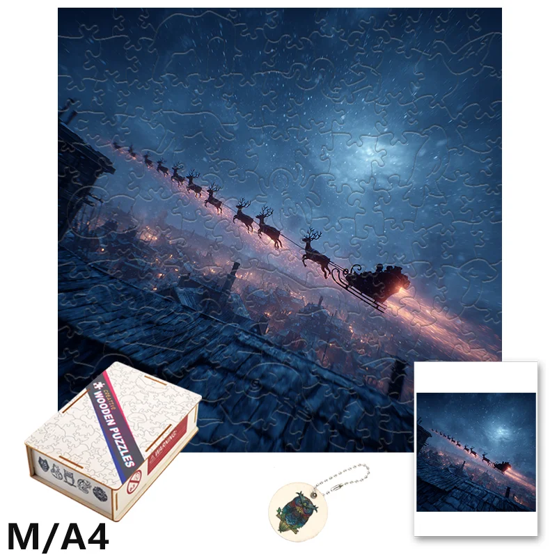 Rompecabezas de madera de Papá Noel y Reno bajo el cielo estrellado, divertido juego de fiesta, manualidades educativas DIY para adultos.