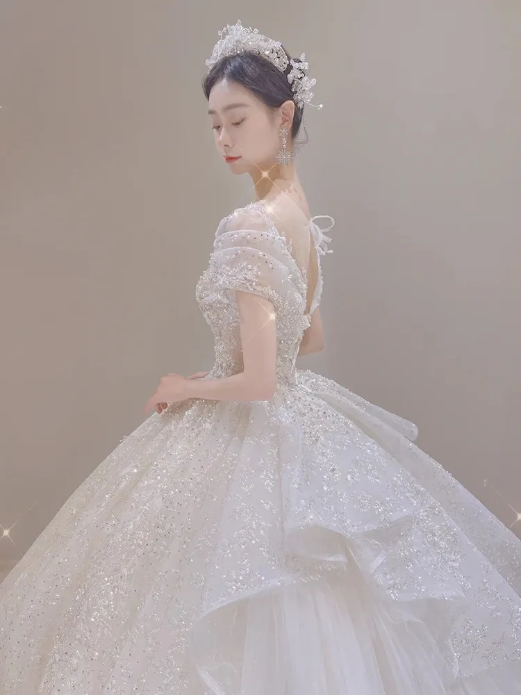 off-Shoulder Main Wedding Dress Bride 2026 New Advanced Texture French Heavy Industry Pregnant Women Small Wedding Trailing