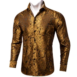 Camisa formal floral masculina, mangas compridas, camisa dourada para homens, moda masculina, camisa de luxo para casamento, festa, roupa de clube, frete grátis