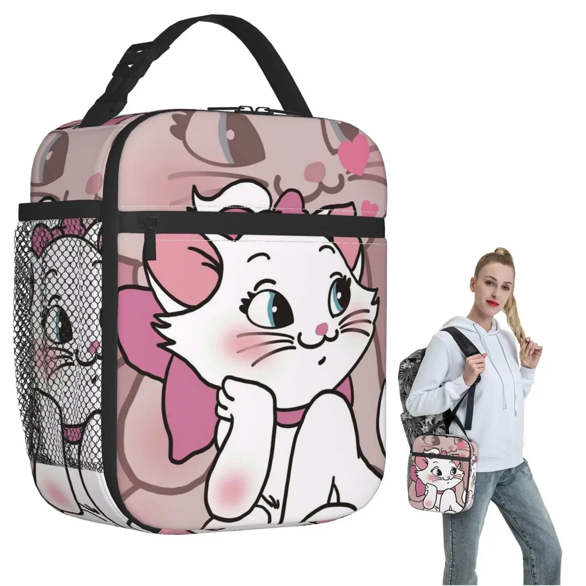 الوردي الأرستوكات لطيف ماري القطط معزول حقيبة الغداء للنساء الأطفال مانعة للتسرب صناديق الطعام علب الاغذية الحرارية حمل