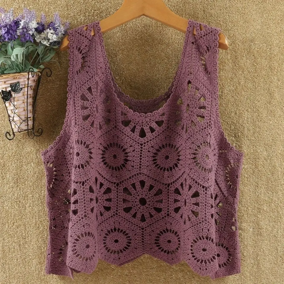 Summer Clothes for Women Solid Color Crochet Vest  Sleeveless Waistcoat Knit Vests Crop Top Vintage Chaleco Mujer