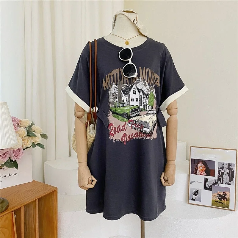 T-shirt larghe con stampa casual estiva da donna Mini abito 2025 Abiti a maniche corte con lettera di nuova moda Comodo abbigliamento con o-collo