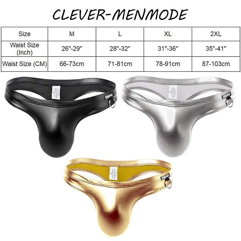 CLEVER-MENMODE Men\'s Sexy Soft Seamless Penis Bag Panties PU Elastic Thong Metal Ring Decorative Underwear Men G-string Mankini