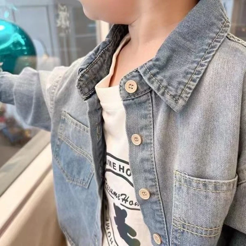 Camicia sottile in denim da ragazzo, giacca a camicia, giacca nuova primavera 2025, taglie forti, abbigliamento per bambini alla moda e bello