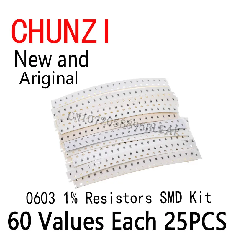 1500PCS (60 Values x 25PCS) 0ohm-10M ohm 1/10 Watt 1% High Precision Film Chip Resistance Kit SMD 0603 Resistors Assorted Set