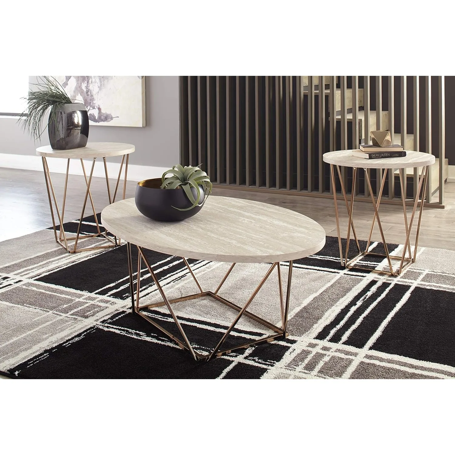 Tarica Modern 3 Piece Table Set, Includes Coffee & 2 End Tables, White & Gold（31.13