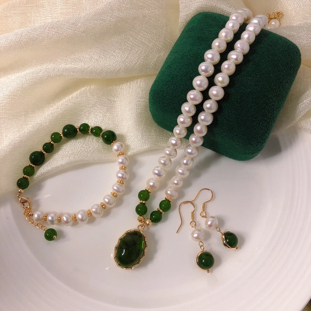 

Three-piece Jewelry Sets Natural Pearl Beads Necklace Bracelet Earrings for Women with Jade Agate 14K Gold-Filled Accessories