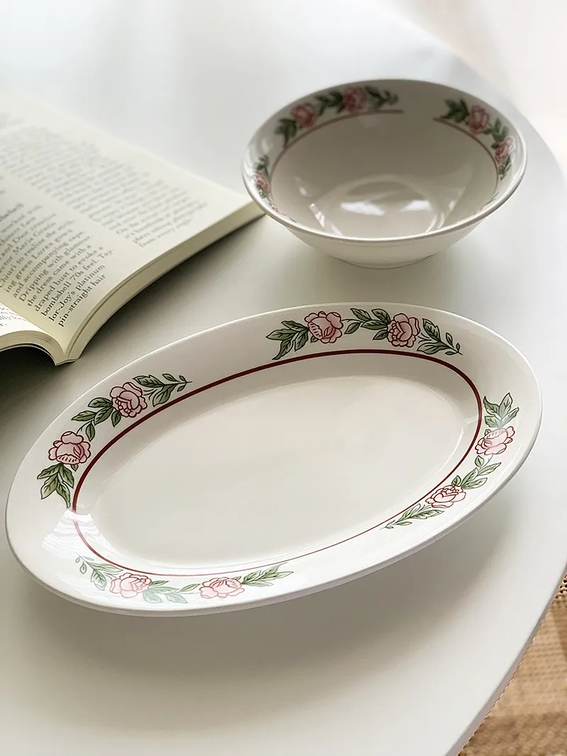 

Тарелка обеденная Anmuli в стиле ретро с розами, овальная, фарфоровая, с глазурью, с цветочным узором, для риса и салата, во французском стиле