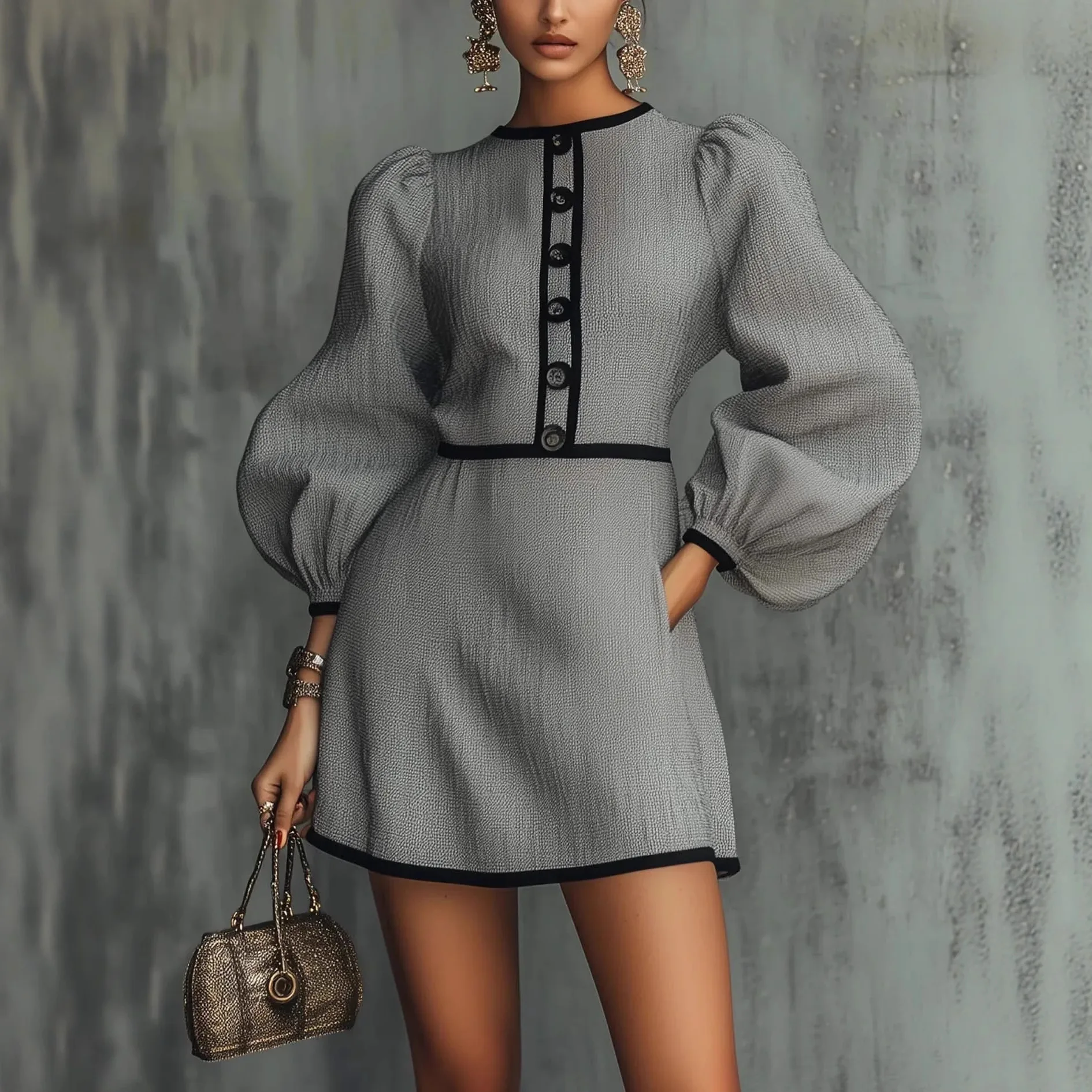 

Elegant Mini Dress Women's Puff Long Sleeve Round Neck Button Front High Waist Casual Party Dress