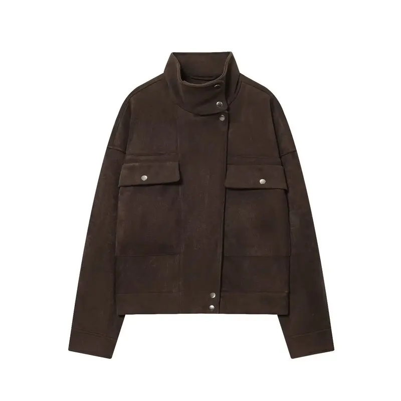 Jaqueta Feminina de Couro Sintético Solta e Elegante Outono 2025 – Casaco Curto Versátil com Zíper e Manga Longa para o Dia a Dia