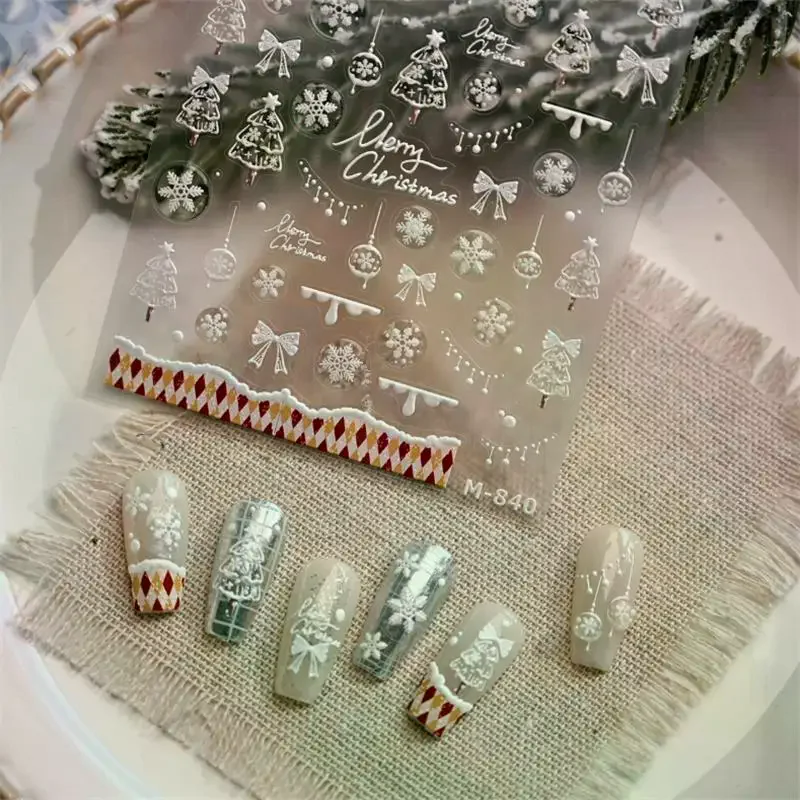 Leuke kerststijl witte kerstboom sneeuwvlok nail art stickers rode strik nail art print reliëf sticker feestelijke nagel decor