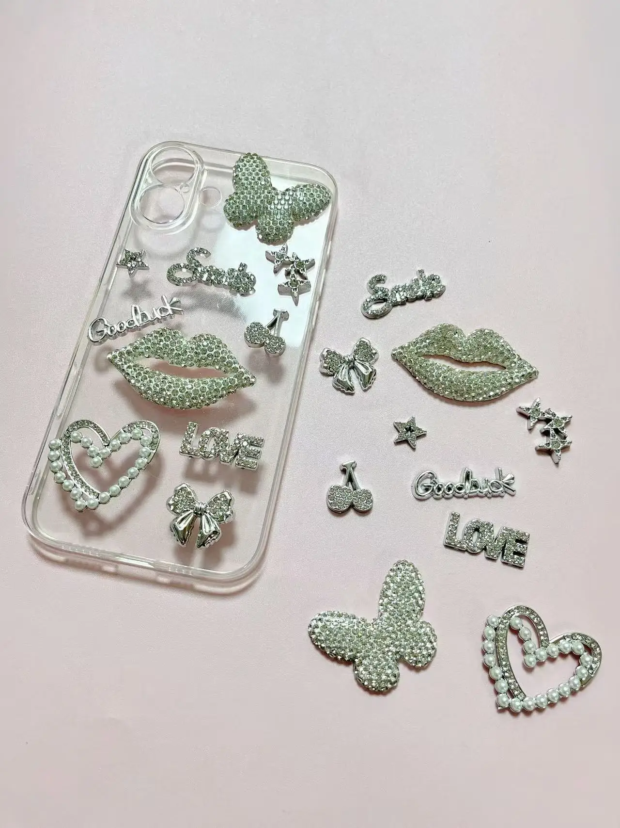 

One Set Sweet Cool Silvery Series Good Luck Letter Full Artificial Diamond Butterfly DIY Craft Junk Phone Case Decoration