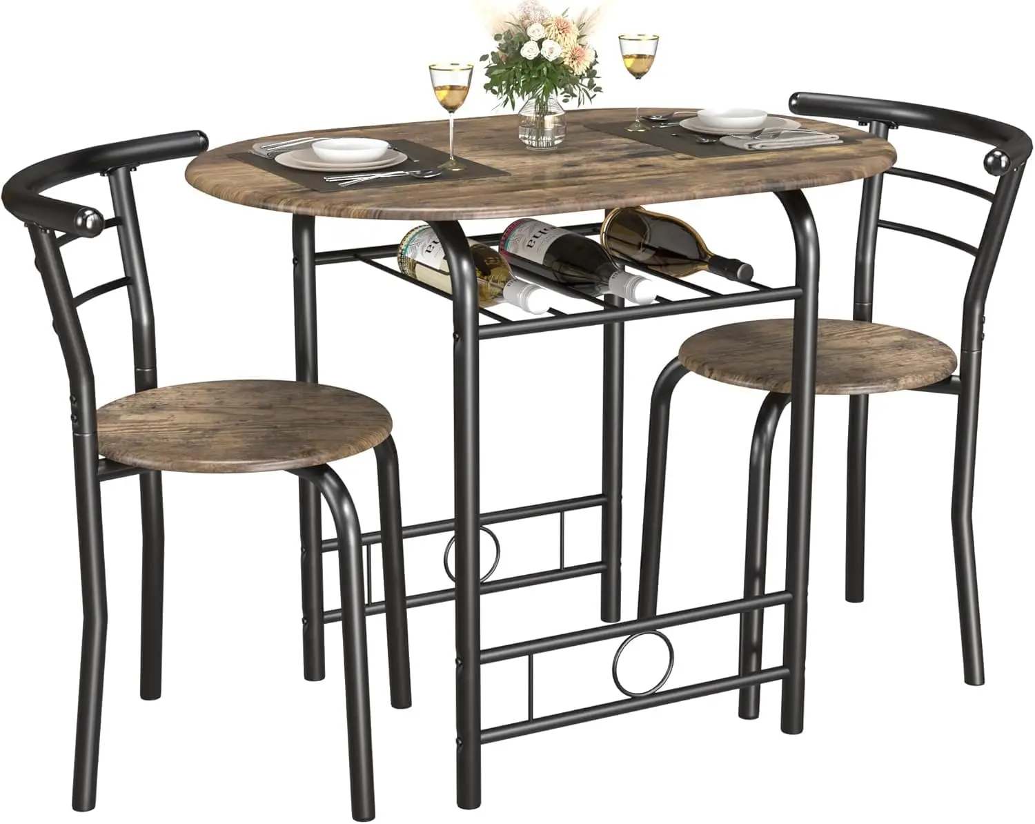 

3-Piece Round Table & Chair Set Space Saving Wood Grain Top Metal Frame Built-in Wine Rack Kitchen Dining Room, Customized
