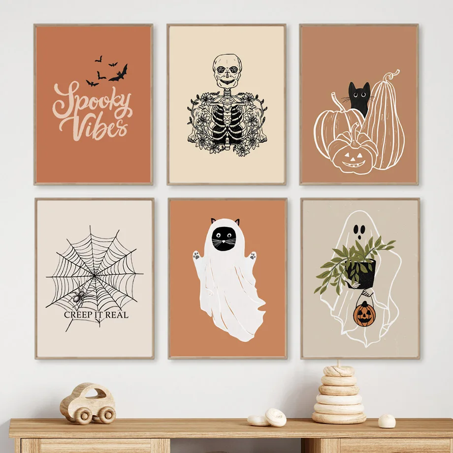 Botanical Halloween Ghost Tooth Skeleton Autumn Wall Art Aesthetics Print Canvas Painting Posters for Living Room Home Decor