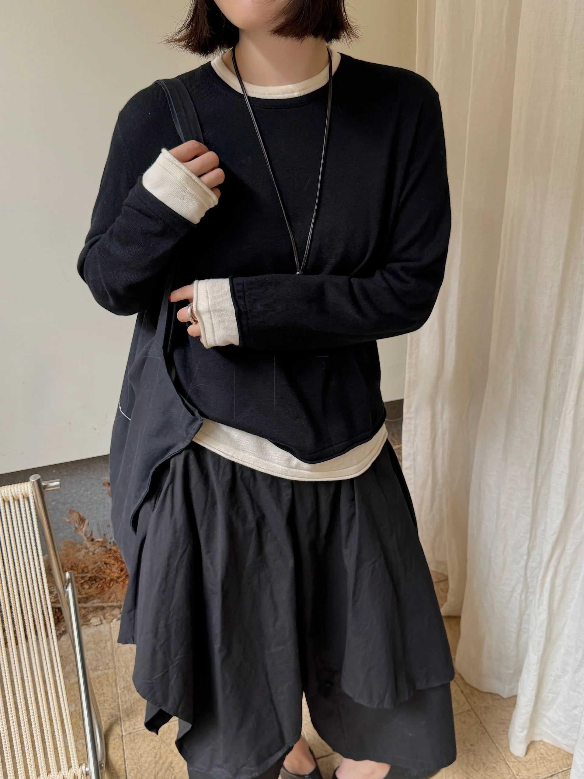 

Versatile Simple Sle Knitted Wool Blend Sweater Top Fake Two-Piece hine Woven Inner Wear Soft Comfortable Women's Faion