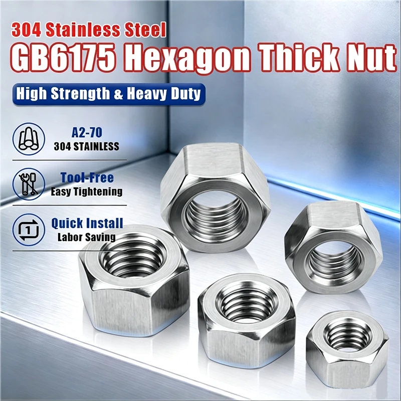 GB6175 304 Stainless Steel High Thick Hex Nut, Heavy High Profile Hexagonal Nut, Substitute DIN934 M6-M30