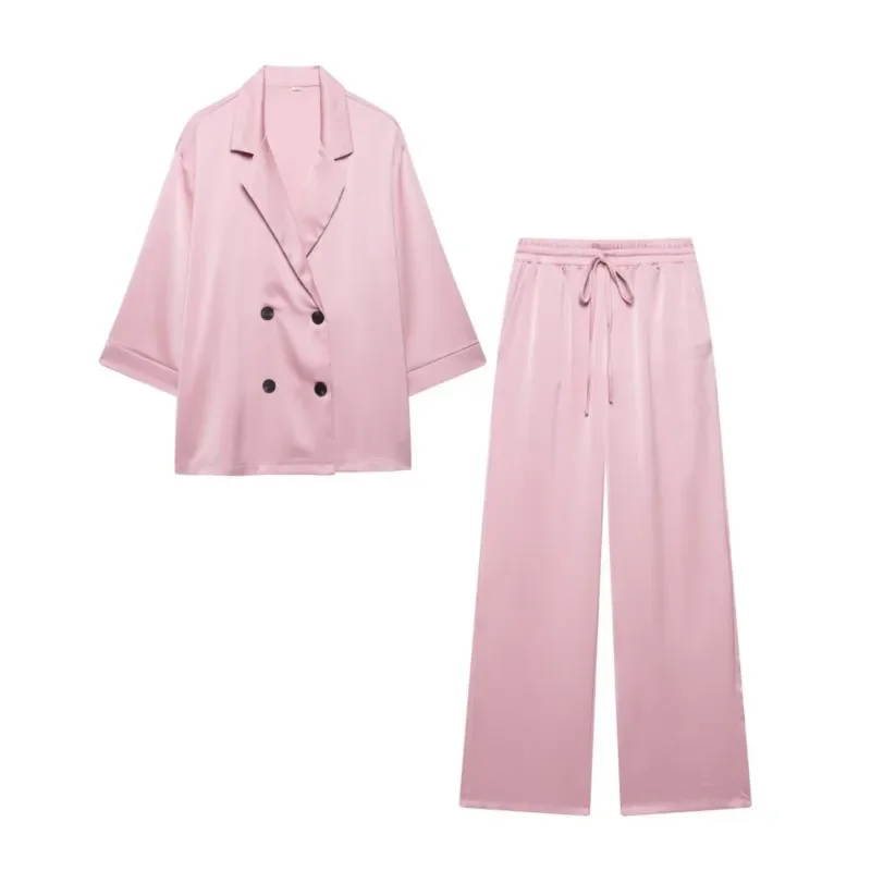 

Женский комплект брюк с высокой талией, весенний комплект из двух предметов, двубортный атласный пиджак, брюки из двух предметов со складками на шнуровке, женский наряд