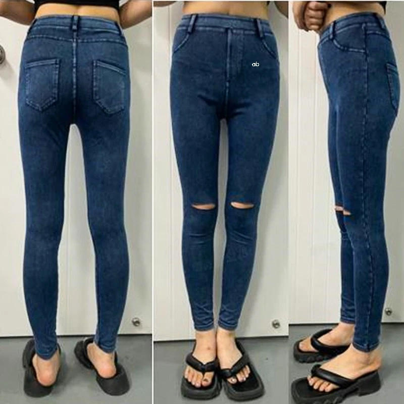 Women Middle Waist Ripped Denim Yoga Jeggings Push‑Up Hip Lifting Slim Fit Pockets Stretch Fitness Outdoor Casual Long Pants