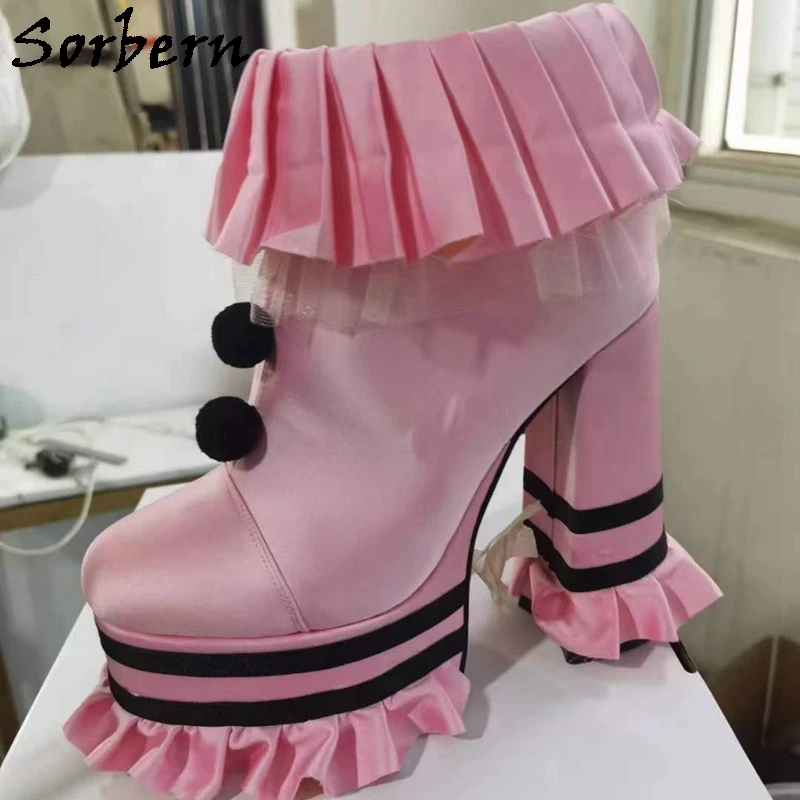 Sorbern Light Blue Satin Ankle Boots Women 15Cm Block High Heel Pleats Pop Ball Lace Up Short Booties Platform Shoes Custom