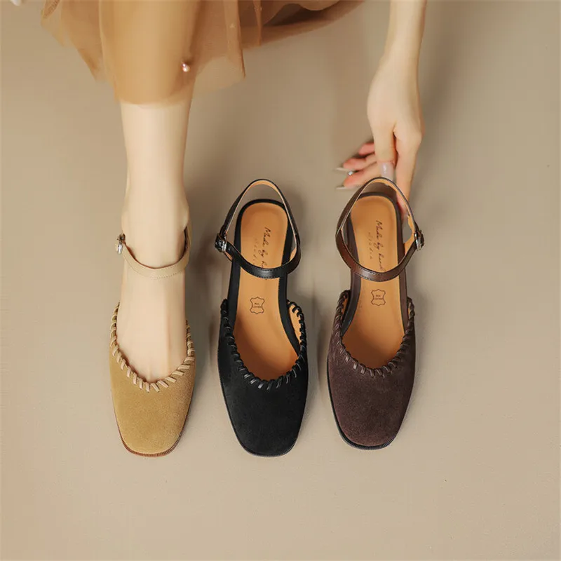 

New Summer Genuine Leather Sandals Women 2023 Square Toe Sandals Low Heel Cover Toe Sandals for Women Handmade Cow Suede Shoes