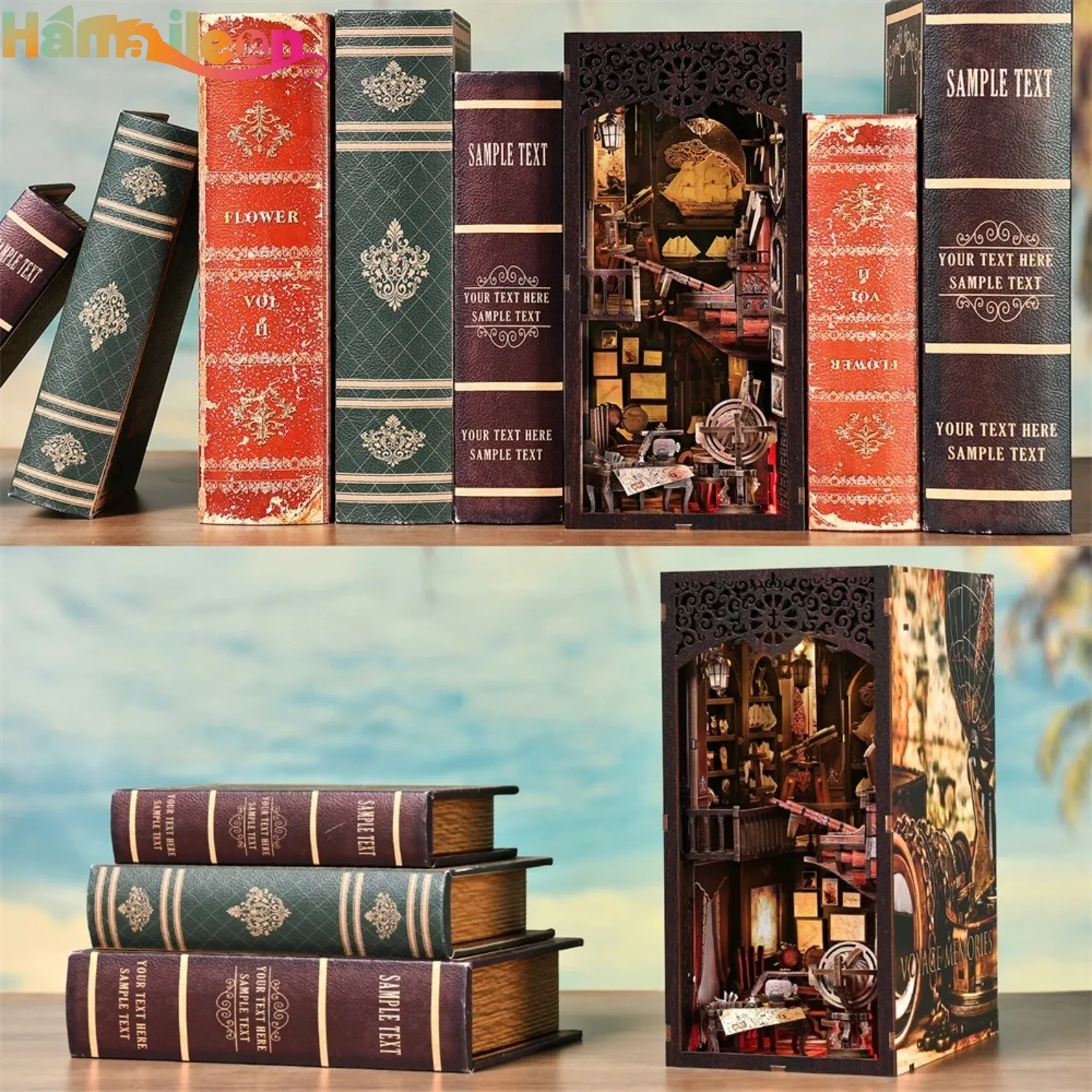 Hamaileon DIY Book Nook Kit บ้านขนาดเล็กสําหรับผู้ใหญ่, ชุดตุ๊กตา, Bookend Bookshelf Decor Alley รุ่นสร้างฝุ่น